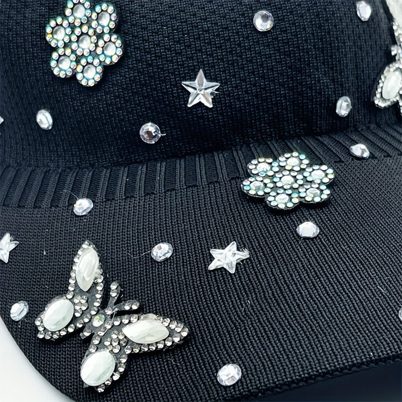 Rhinestone Butterfly Star Visor Hat Knitted Elastic Sun Hat for Women