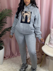 Cat & Moon Print Hooded Sweatshirt & Sweatpants Set