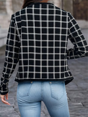 Plaid Open Front Jacket Casual Contrast Trim Jacket for Spring & Fall