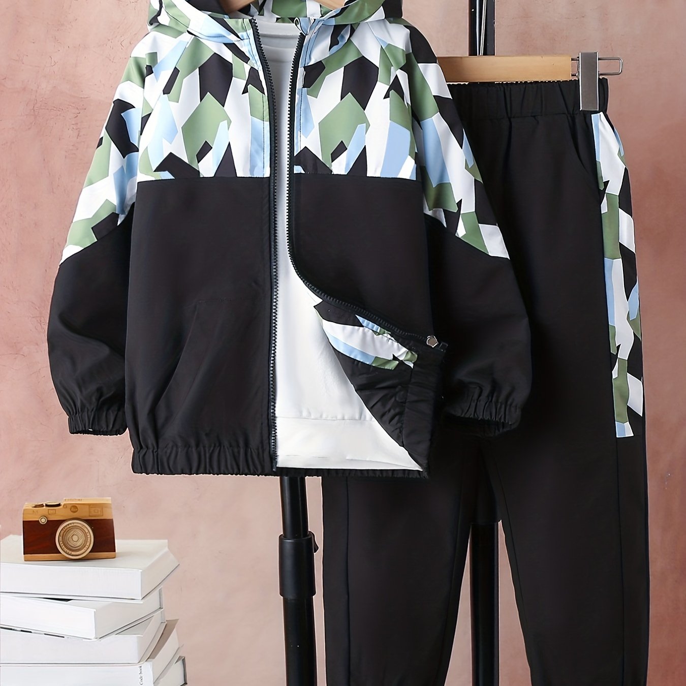 Boy's Geometric Pattern Jacket & Sweatpants Set for Spring Fall