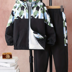 Boy's Geometric Pattern Jacket & Sweatpants Set for Spring Fall