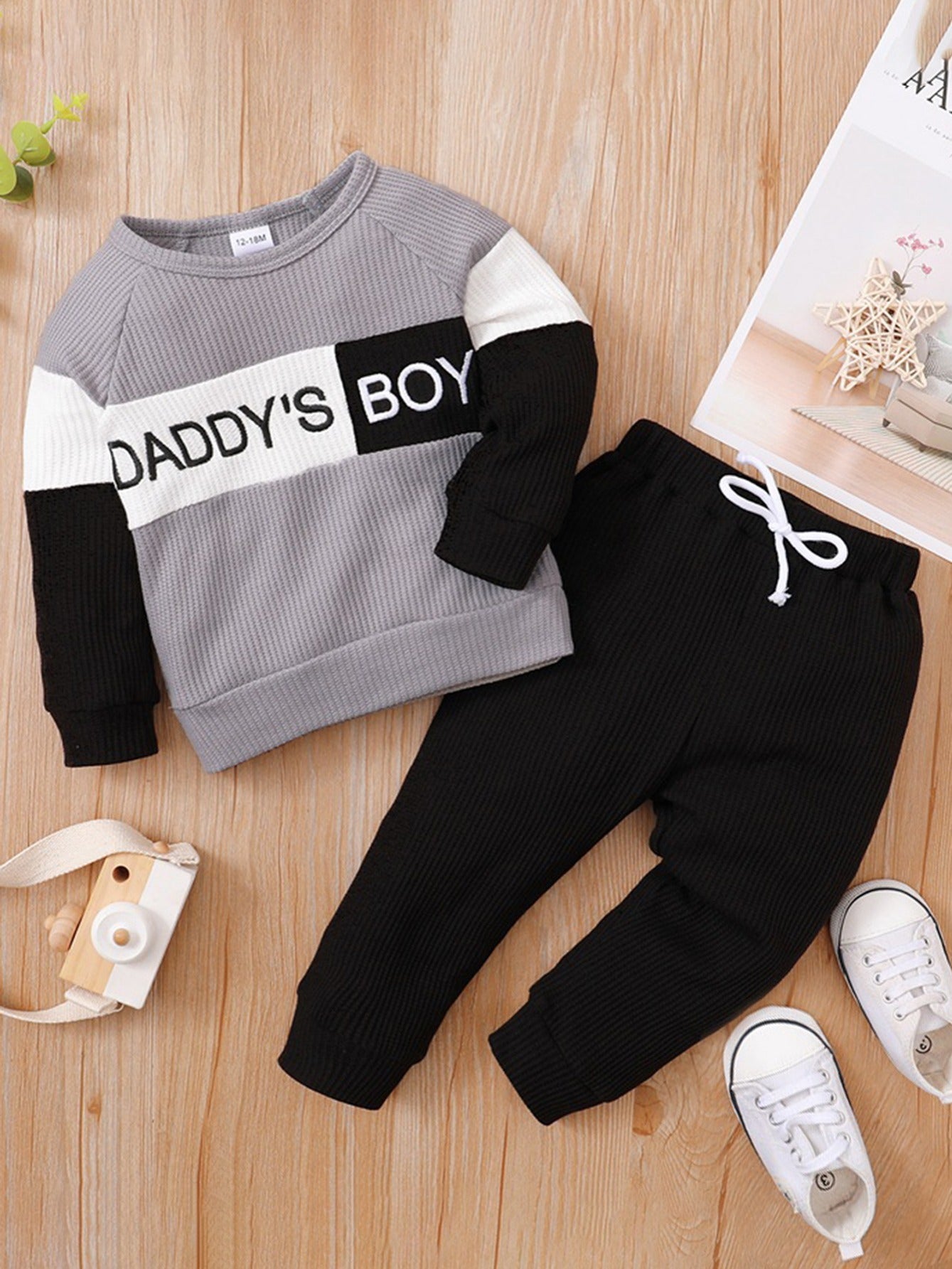 2pcs Daddy's Boy Colorblock Sweatshirt Matching Pant