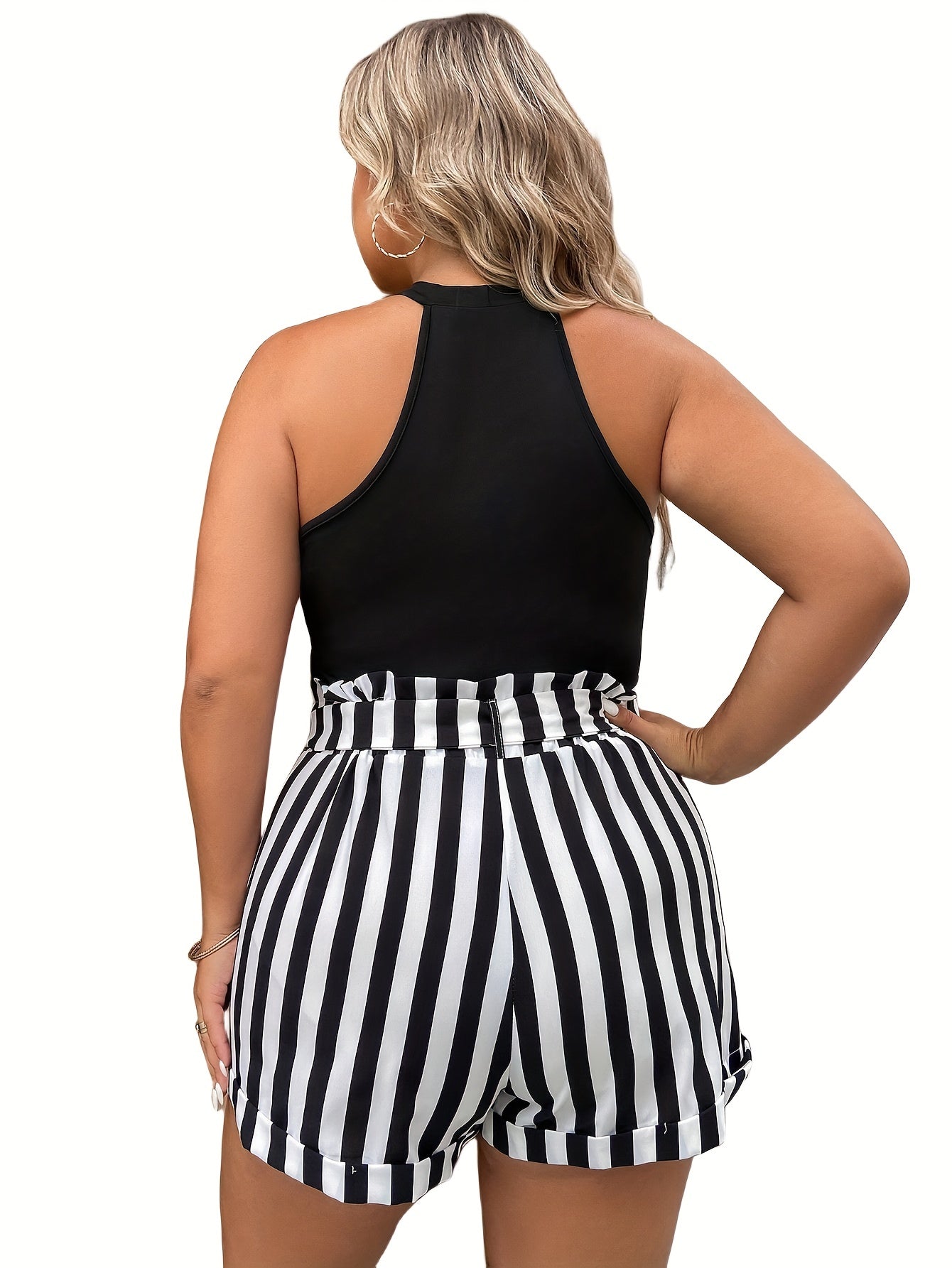 Casual 2 Piece Set: Solid Tank Top & Stripe Print Shorts with Pockets