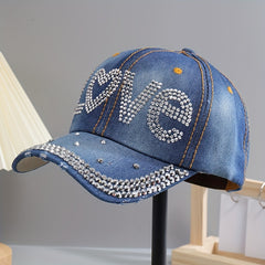 Love Rhinestone Baseball Cap Denim Sun Hat Studded Lightweight