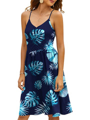 Floral Print V-neck Spaghetti Dress Backless Cami Dress