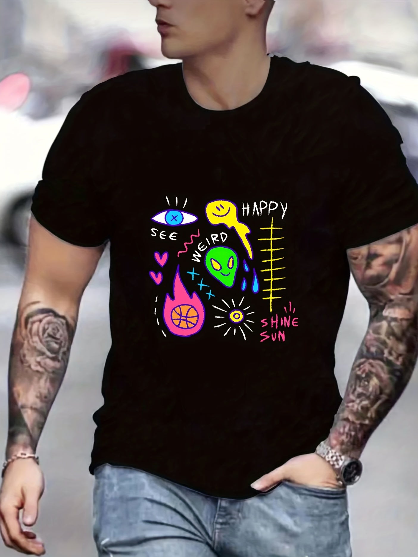 Funny Doodle Print Men's Graphic Crew Neck T shirt for Summer