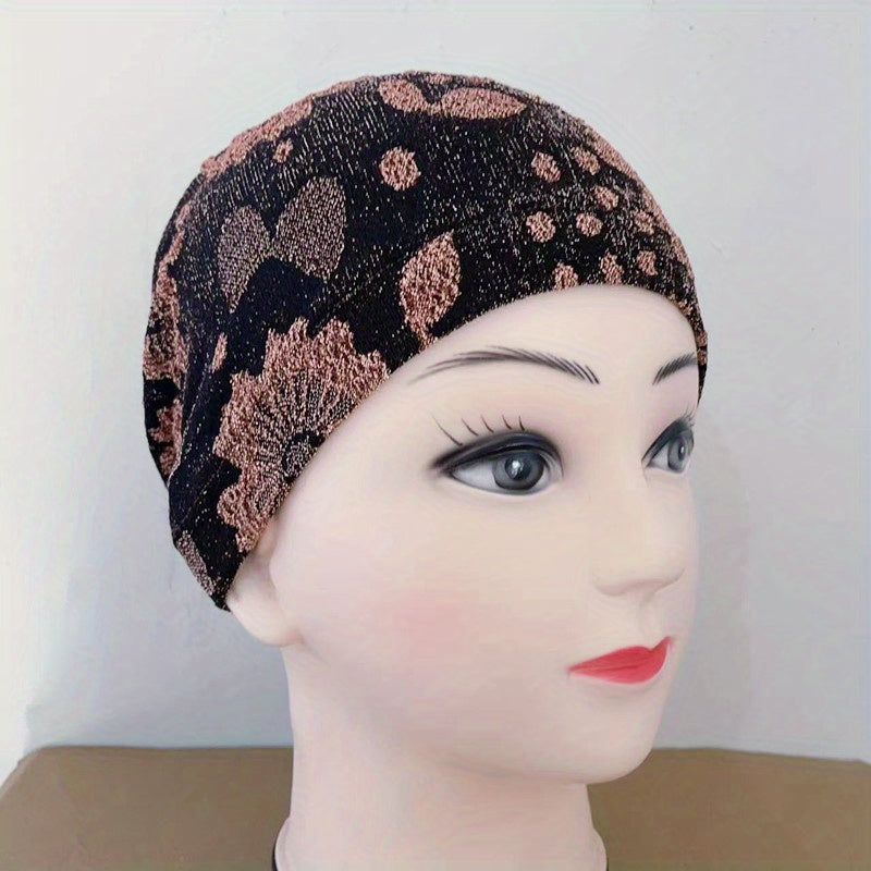Glitter Flower Embroidery Turban Cap Beanie Elastic Head Wrap