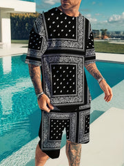 Bandana Print Men's 2Pcs Outfits Crew Neck Short Sleeve T shirt And Shorts Set