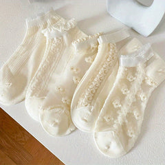 5 Pairs Floral Mesh & Ruffle Ankle Socks Women's Stockings