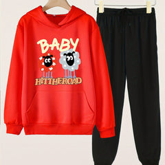 2pcs Sheep Print Girls Hoodie Set