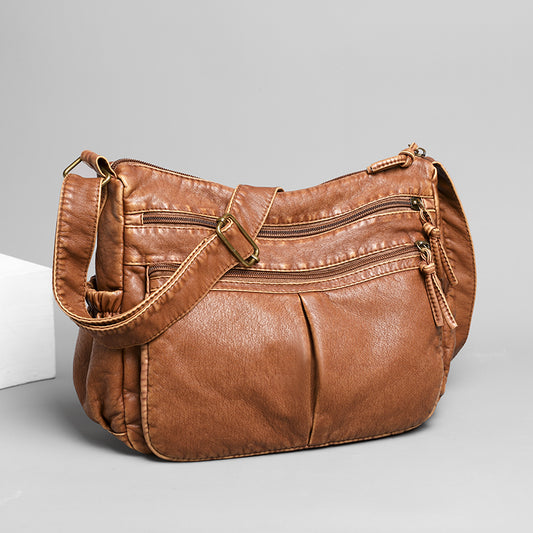 Retro Crossbody Bag Pockets Shoulder Bag Washed Leather Purse For Women
