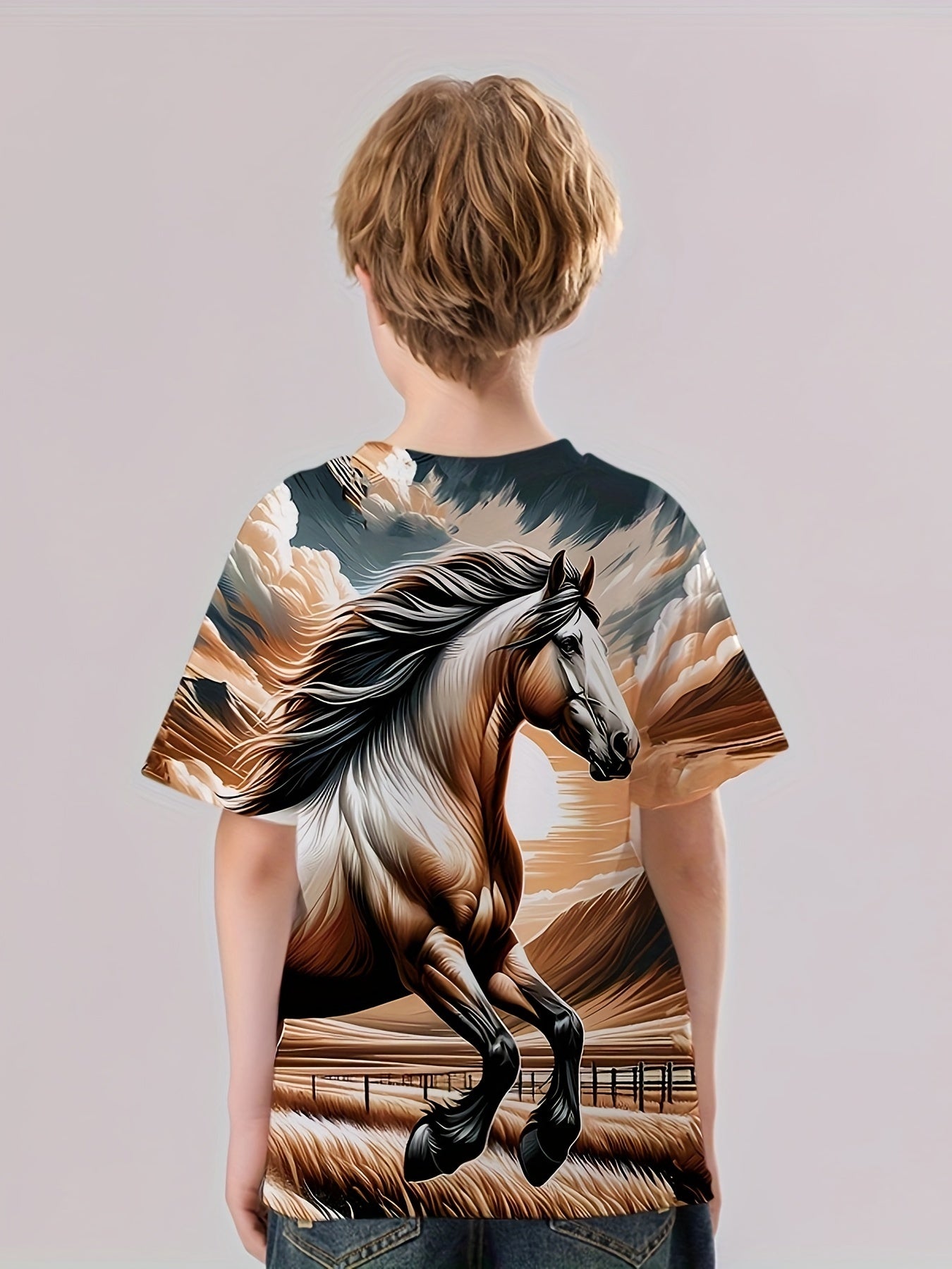 Running Horse 3D Print Boy's Casual Tees Short Sleeve Crew Neck