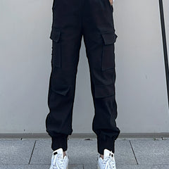 Women's Cargo Pants with Solid Flap Pockets - Elastic Waist