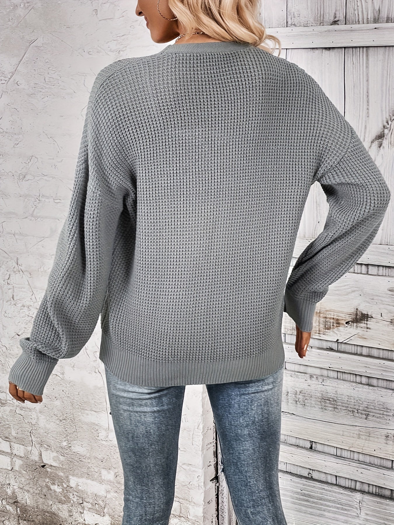 Button Front Knit Cardigan Waffle V Neck Sweater