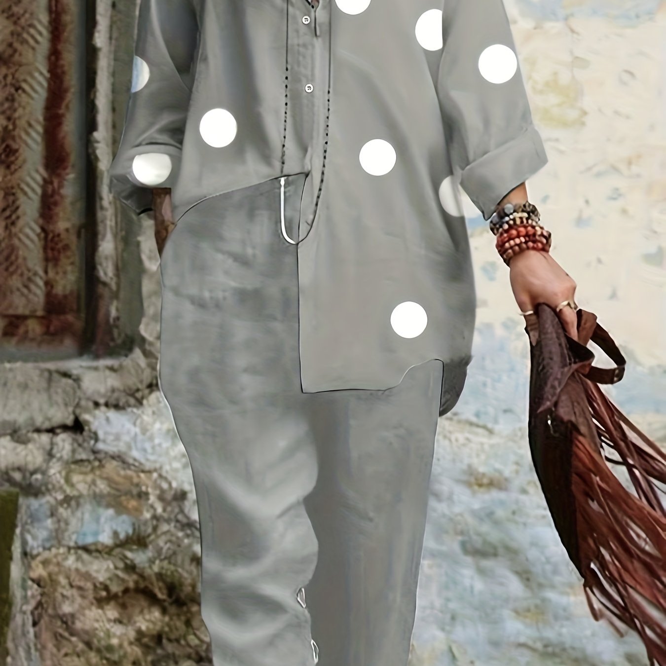 Women's Plus Dot Print Shirt & Roll Up Pants Set