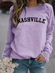 Nashville Print Loose Sweatshirt Crew Neck Women's Clothing
