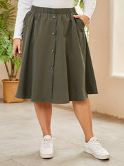 Solid Elastic Button Decor High Rise Knee Length Skirt
