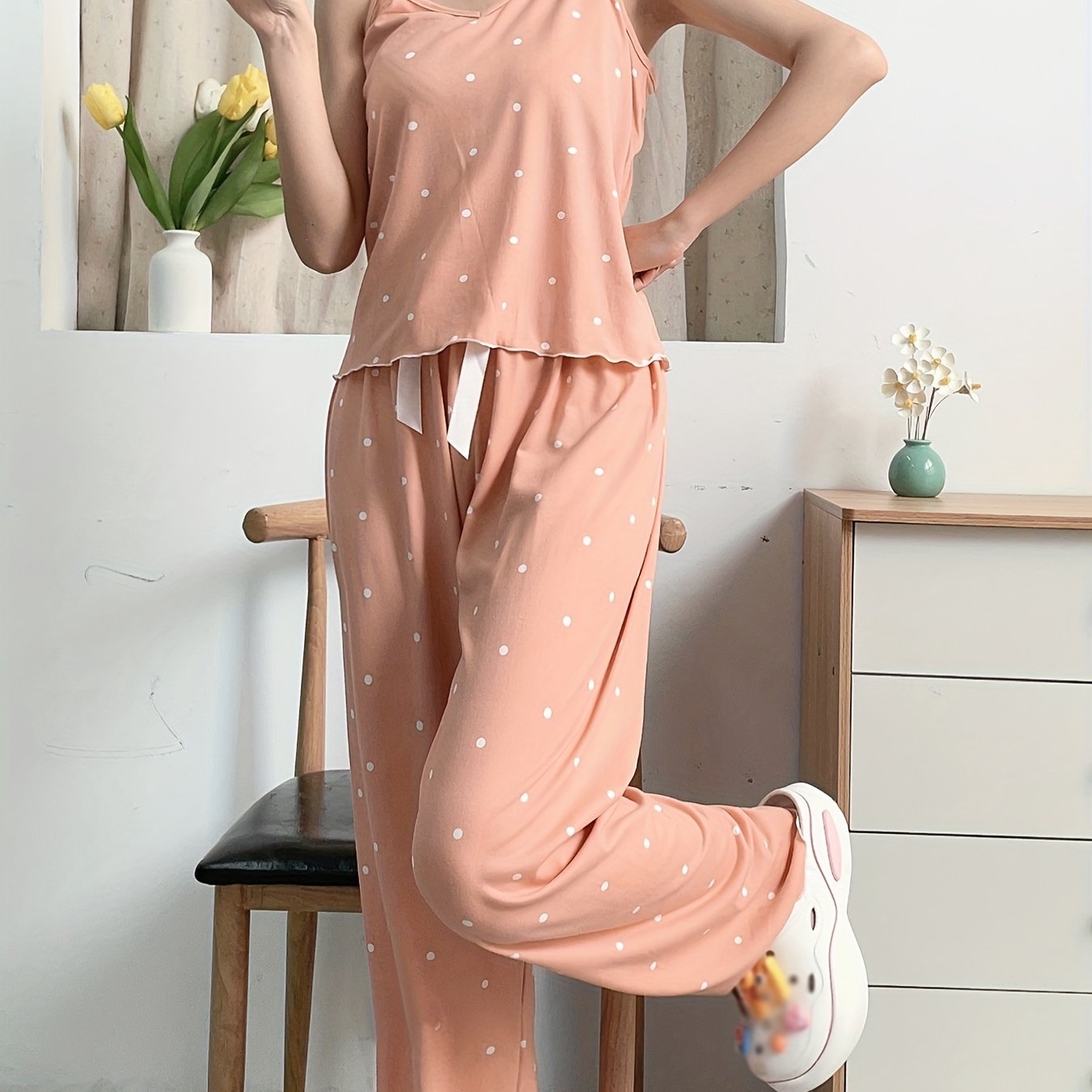 Polka Dot Pajama Set V Neck Cami Top & Elastic Waistband Pants Women's