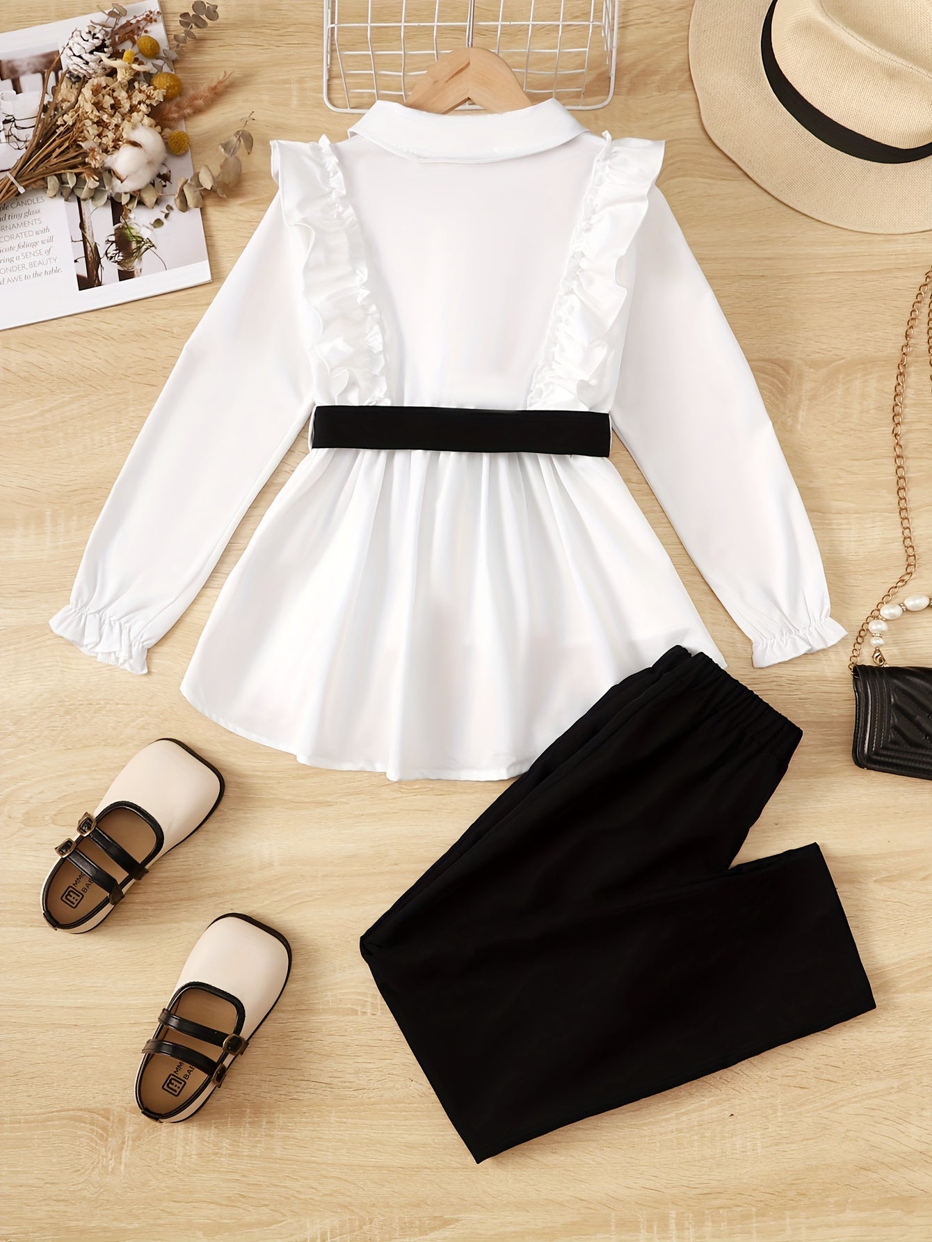 Girl's 3pcs Long Sleeve Shirt & Belt & Pants Set Ruffle Decor
