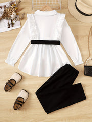 Girl's 3pcs Long Sleeve Shirt & Belt & Pants Set Ruffle Decor
