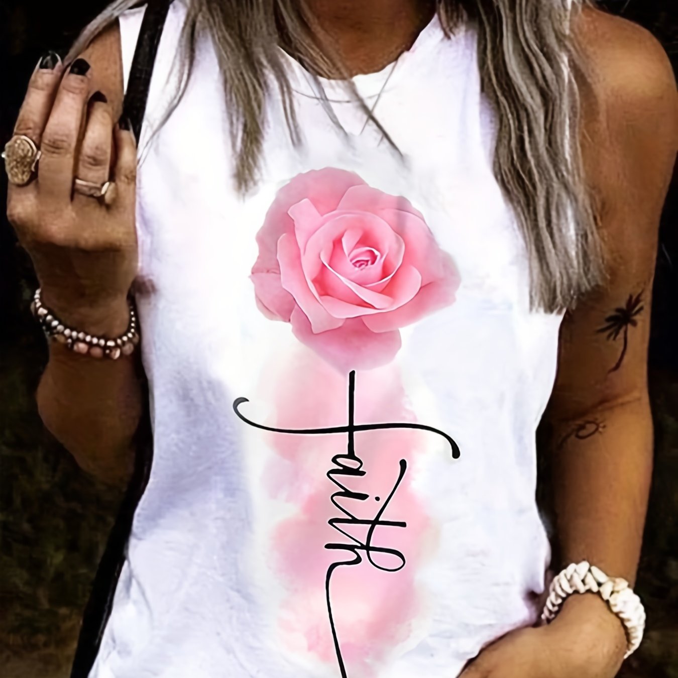 Flower & Letter Print Tank Top Sleeveless Crew Neck Tank Top