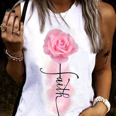 Flower & Letter Print Tank Top Sleeveless Crew Neck Tank Top