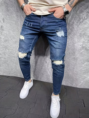 Slim Fit Ripped Cotton Jeans Mens Casual Street Style Distressed Mid Stretch Den