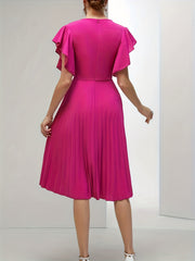 Solid Ruffle Sleeve V Neck Midi Party Dress