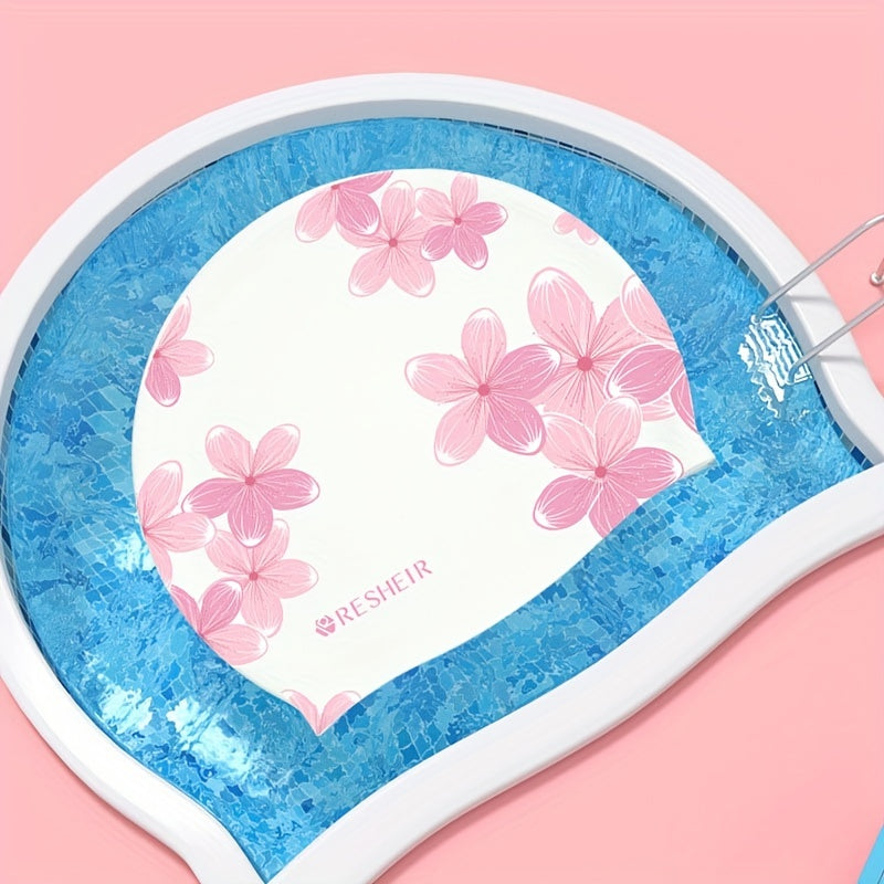 Flower Print Silicone Swimming Cap for Women Waterproof Ear Protection