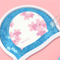 Flower Print Silicone Swimming Cap for Women Waterproof Ear Protection
