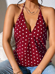 Polka Dot & Block Halter Top V Neck Backless Summer Women's Clothing