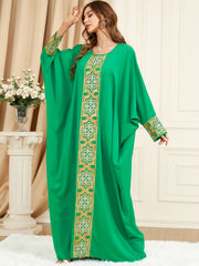 Solid Applique Batwing Sleeve Round Neck Maxi Dress