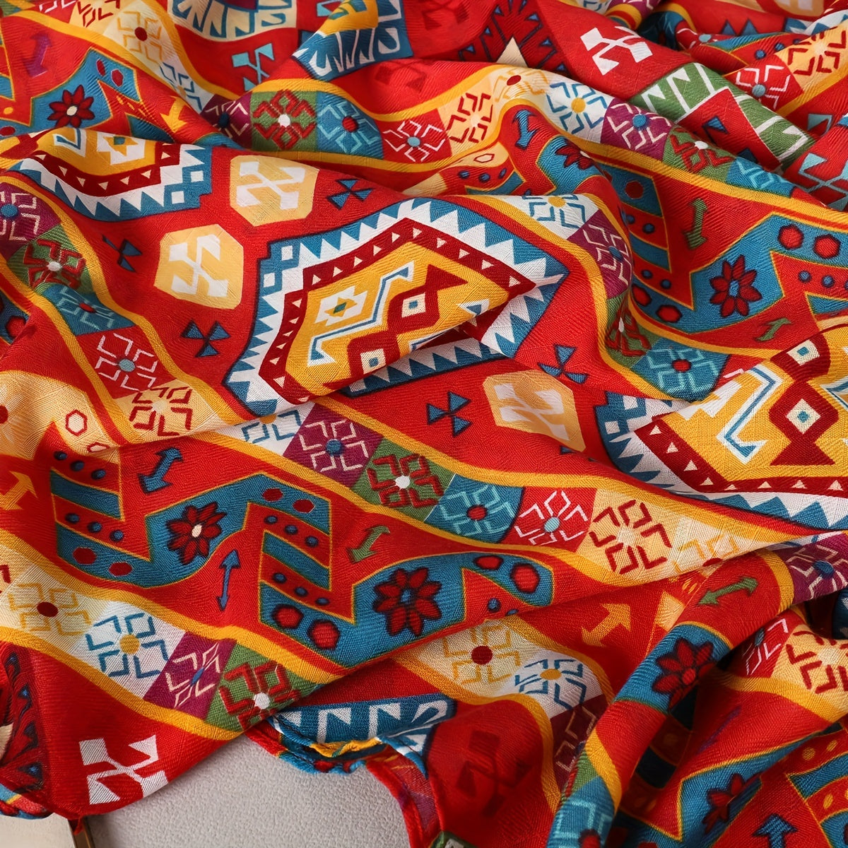 Vintage Geometric Print Scarf Bohemian Tassel Shawl Red