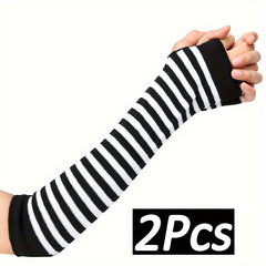 Punk Striped Knitted Gloves Elastic Fingerless Gloves for Women Men