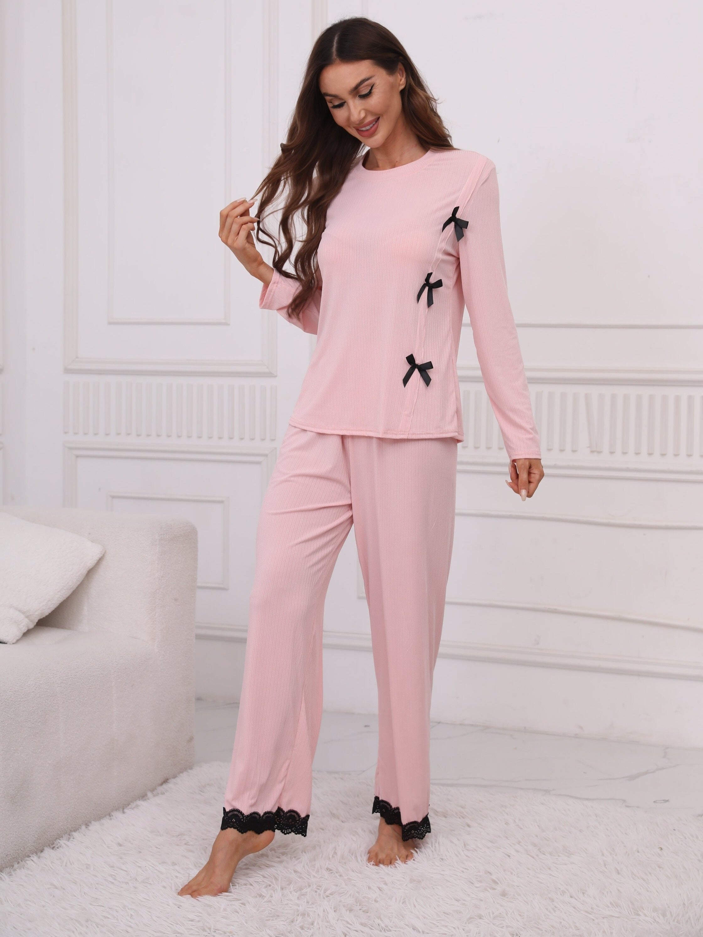 Solid Lounge Set with Lace Trim Top & Pants