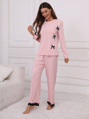 Solid Lounge Set with Lace Trim Top & Pants
