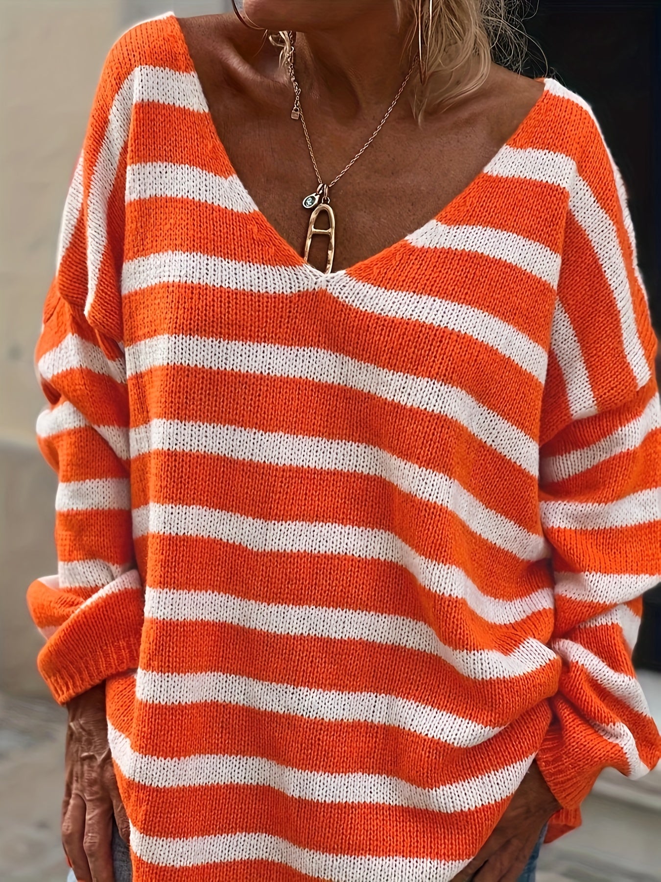 Women's Plus Stripe Print V-Neck Sweater
