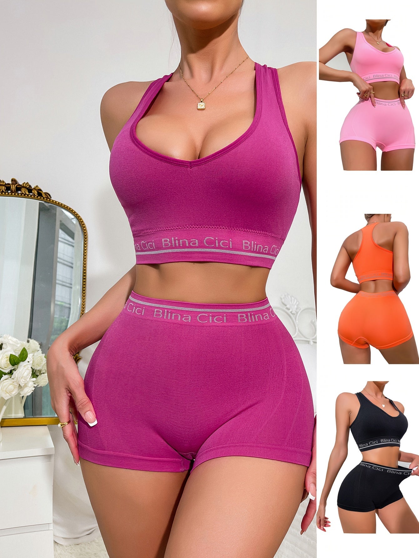 Letter Print Bra & Panties Set Push Up Sports Bra & Elastic Panties Lingerie