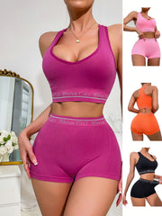 Letter Print Bra & Panties Set Push Up Sports Bra & Elastic Panties Lingerie