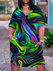 Random Print Short Sleeve V Neck Dress With Pockets
