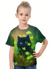 Girls Boys 3D Cat & Shamrock Graphic Tee Top
