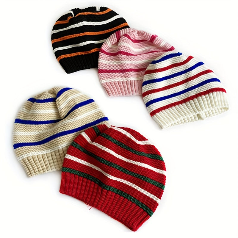 Kids Striped Knit Hat for Autumn/Winter, Warm Woolen Baby Hat