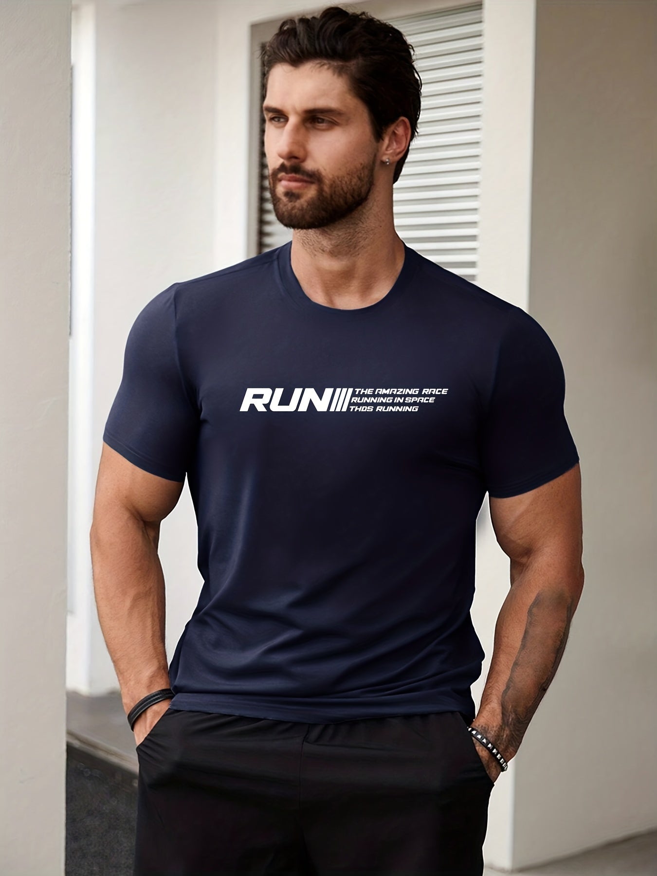 Men's Run Print T shirt Active Slightly Stretch