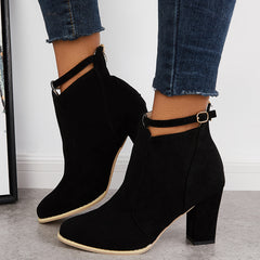 Women's Chunky High Heel Ankle Boots Pointed Toe Buckle Strap Back Zipper Shoes