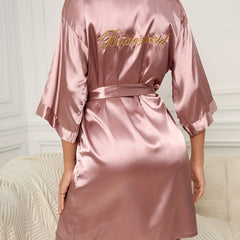 Embroidery Night Robe 3/4 Sleeve V Neck Robe Women's Sleepwear