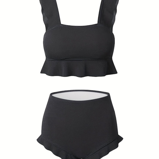 Ruffle Trim High Waist Bikini Solid 2 Piece Swimsuit