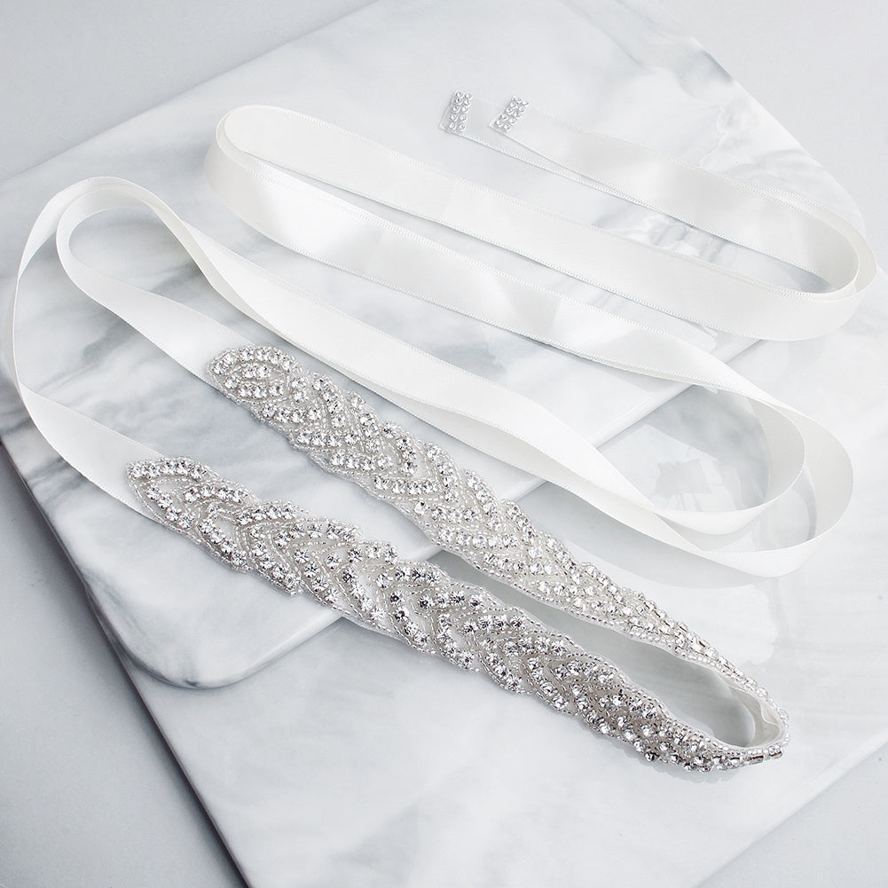Silvery Pink Flowers Crystal Wedding Sash Bridal Rhinestone Belt