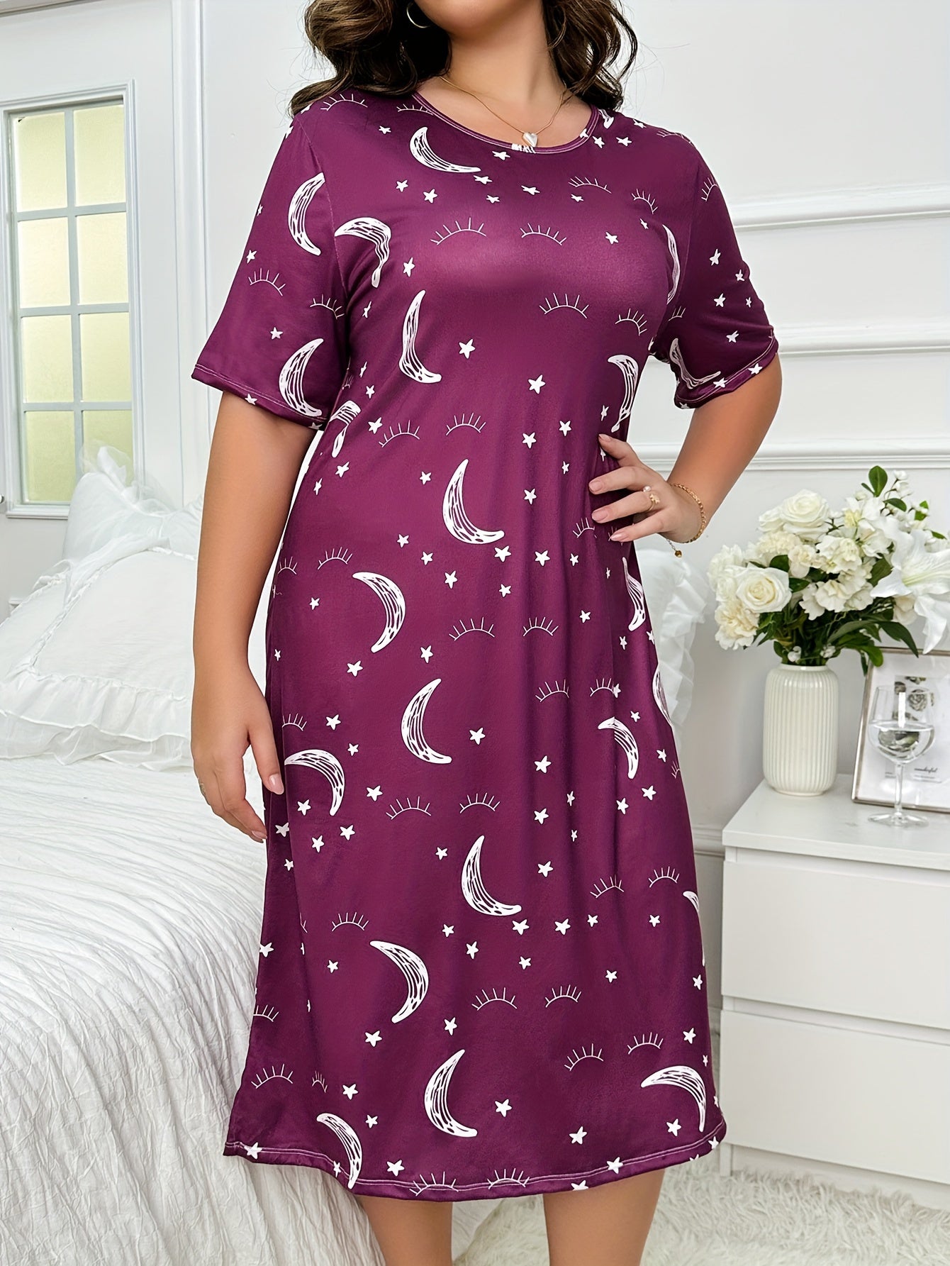 Moon & Star Print Nightdress Short Sleeve Round Neck Sleep Dress