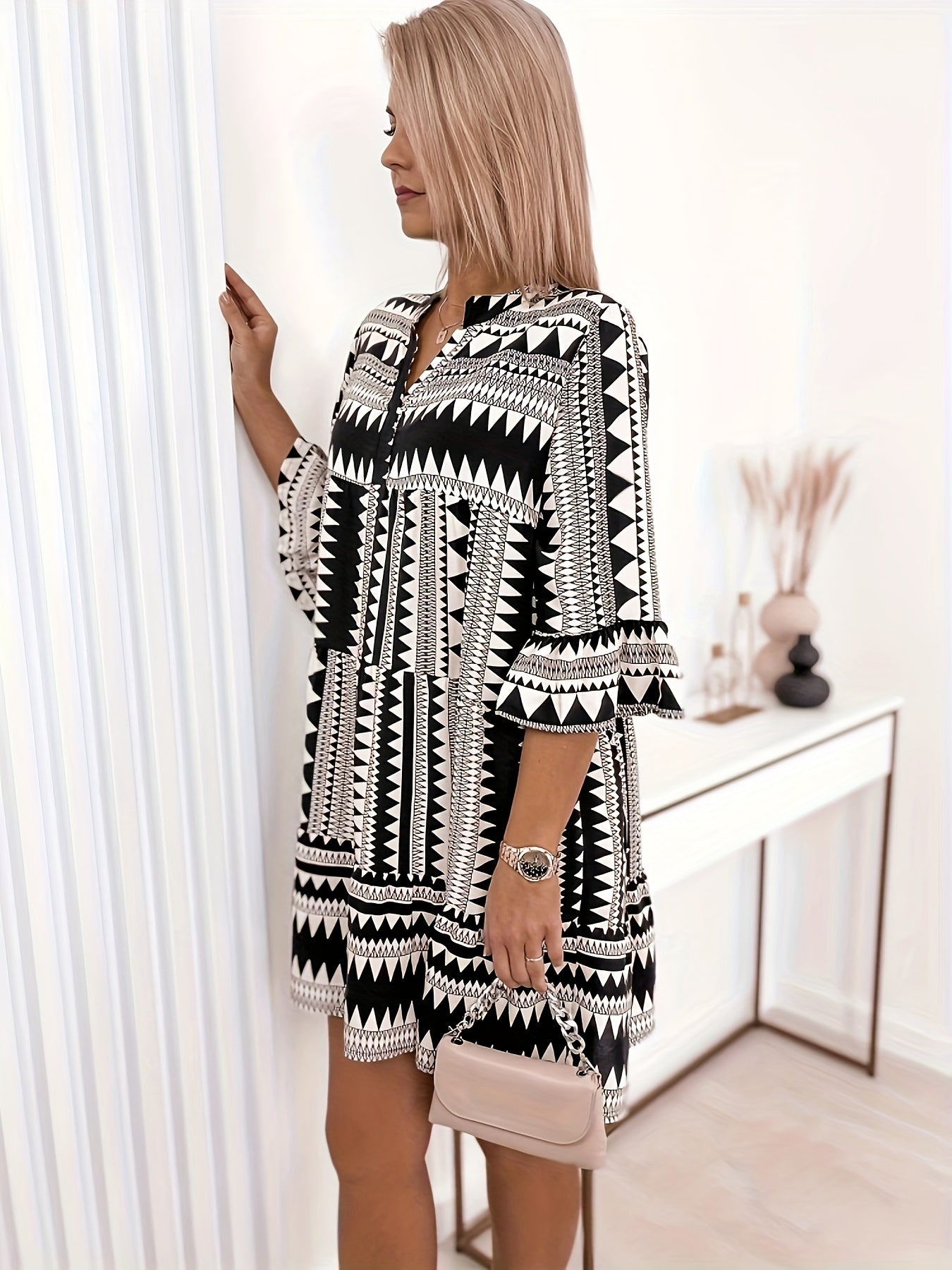 Geometric Print Bell Sleeve Loose Fit Dress