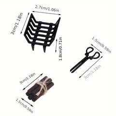 Mini Metal Fireplace w/ Wood Logs & Iron Grate Dollhouse Accessory